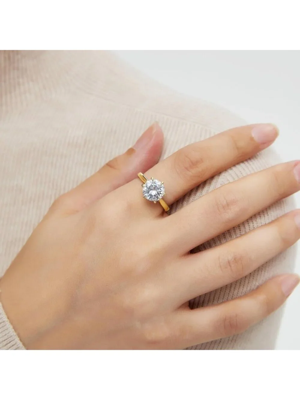 Stunning CZ Round Solitaire Engagement Ring, 18K Gold Plated Wedding Band for